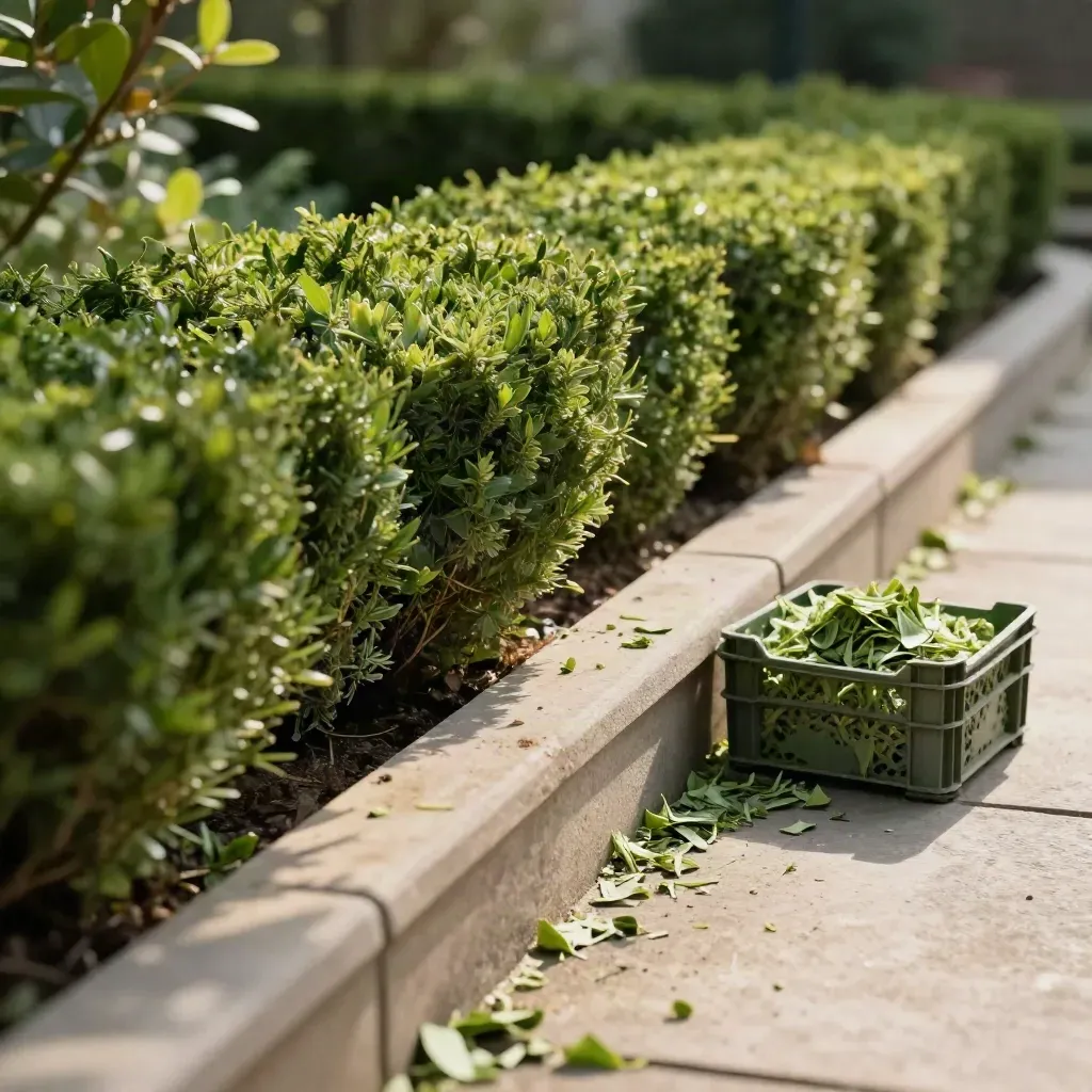 Bordura del giardino rifinita con siepi tagliate e cassetta di residui verdi.