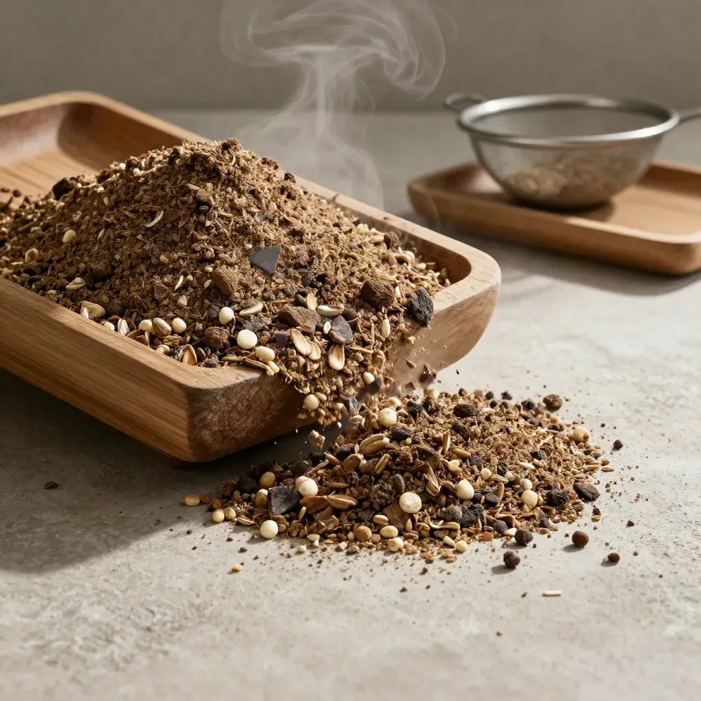 Cumulo di compost, pellet vegetali e crusca su pavimento chiaro, con vapore tiepido.