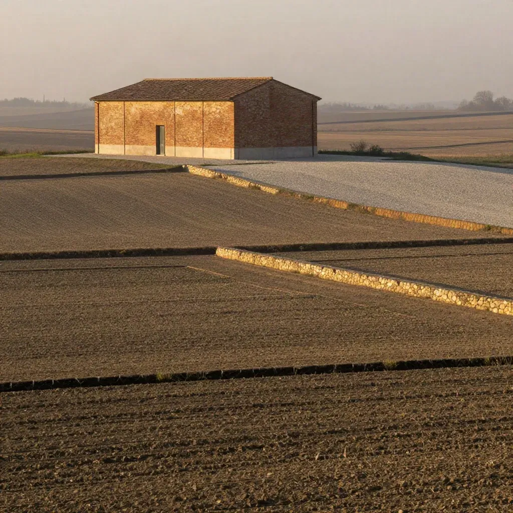 corte agricola geometrica nella pianura emiliano-romagnola con luce calda e nebbia leggera